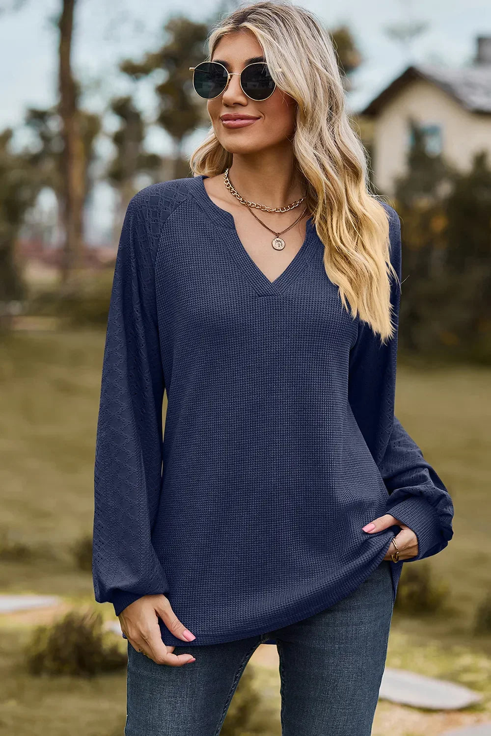Eyelet Notched Raglan Sleeve T-Shirt - Southern Shores Clothing