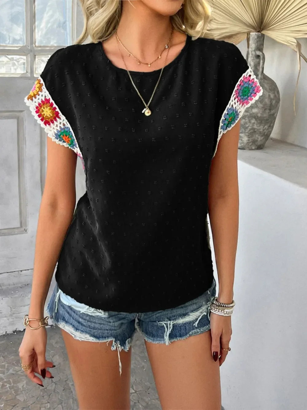 Embroidered Swiss Dot Round Neck Crochet Short Sleeve Top - Southern Shores Clothing