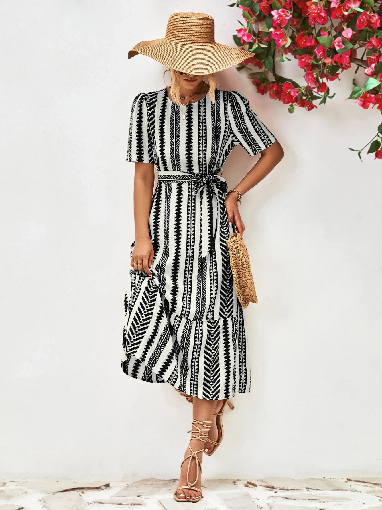 Striped Tie Belt Round Neck Puff Sleeve Dress - Southern Shores Clothing