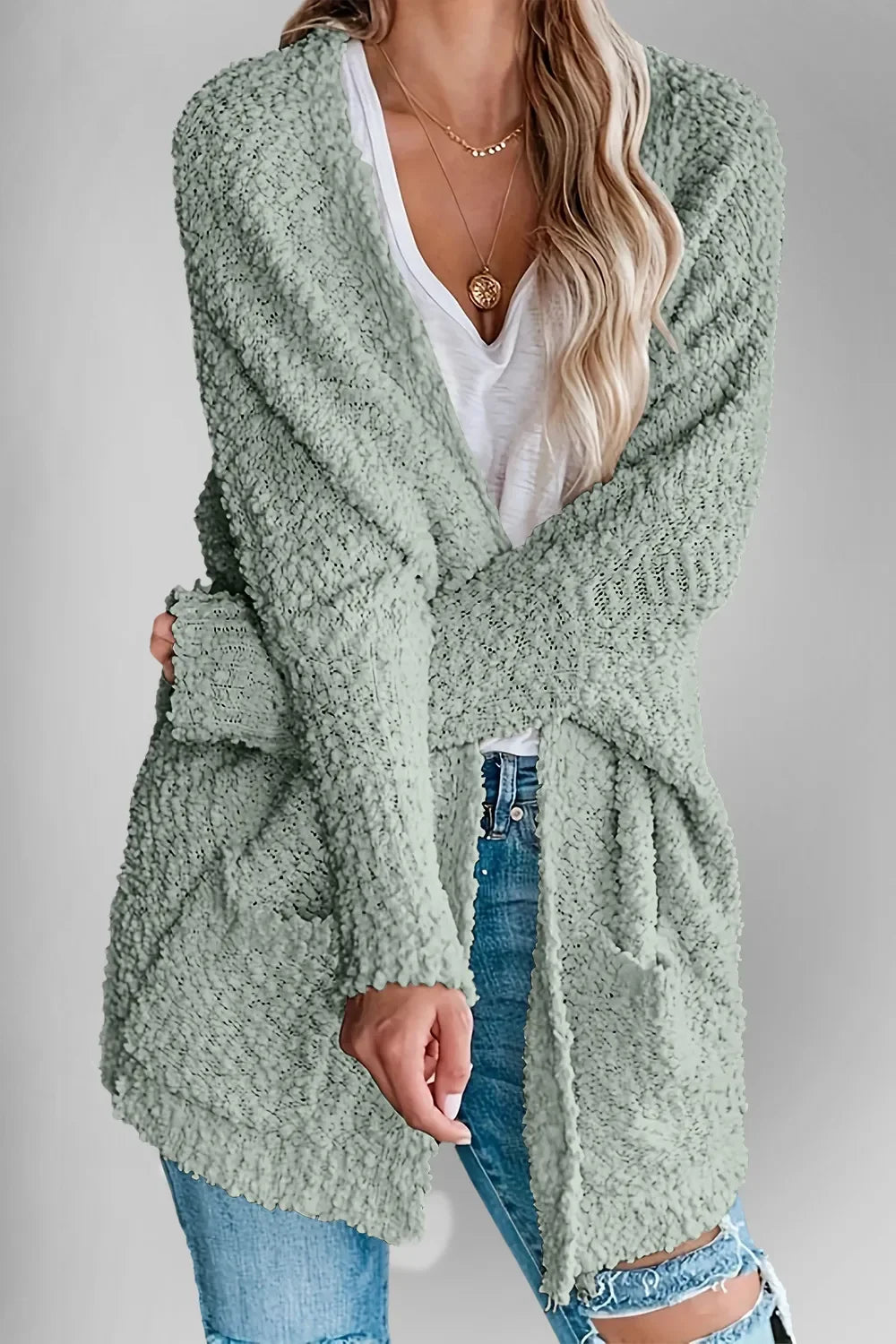 Pocketed Open Front Long Sleeve Cardigan With Stretch - Southern Shores Clothing