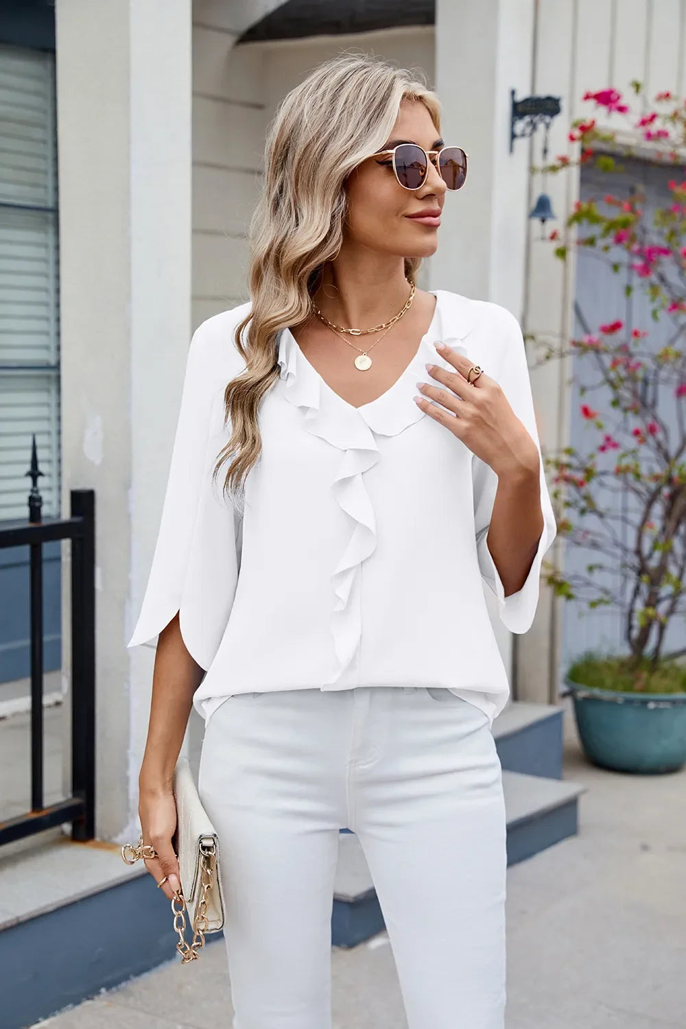 Ruffled Polyester V-Neck Blouse With Three-Quarter Sleeve - Southern Shores Clothing
