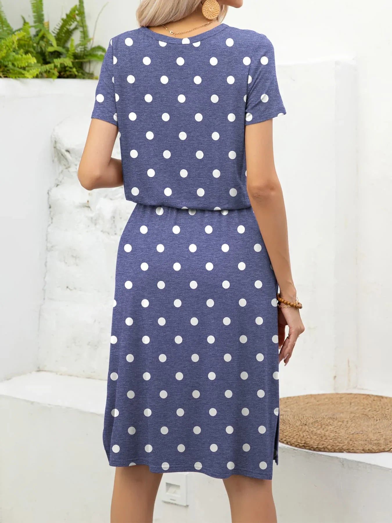 Round Neck Short Sleeve Slit Dress with Pockets - Southern Shores Clothing