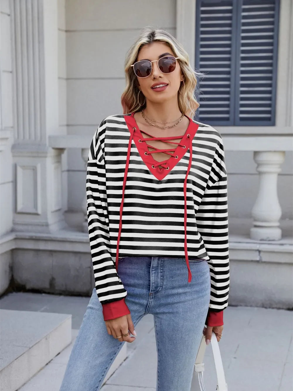 Lace-Up Striped Long Sleeve T-Shirt - Southern Shores Clothing