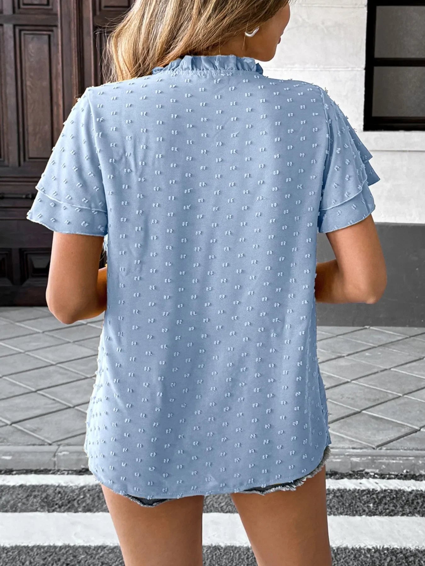 Swiss Dot Flutter Sleeve Ruffled Lightweight Blouse - Southern Shores Clothing
