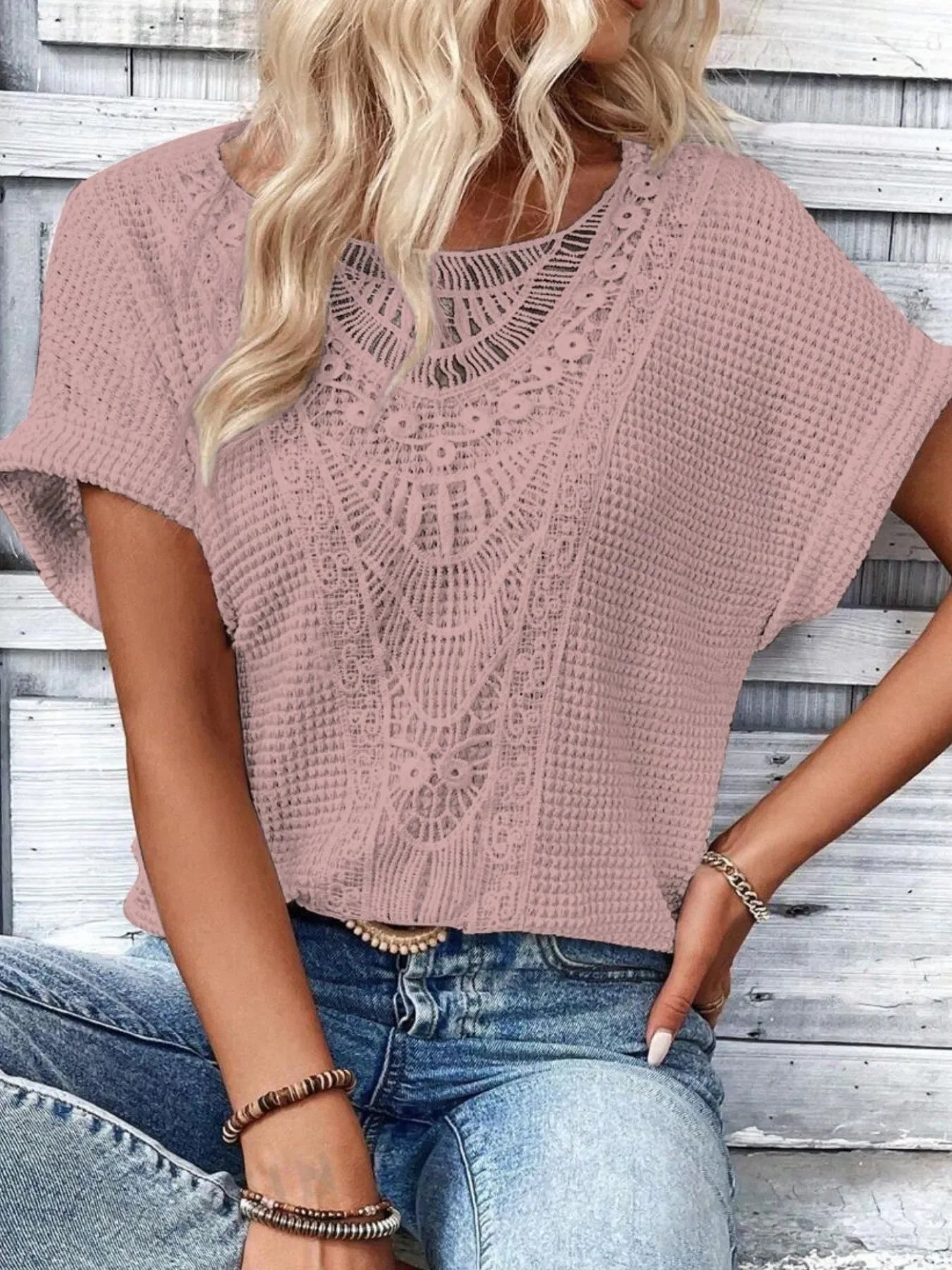 Crochet Lace Short Sleeve T Shirt Casual - Southern Shores Clothing