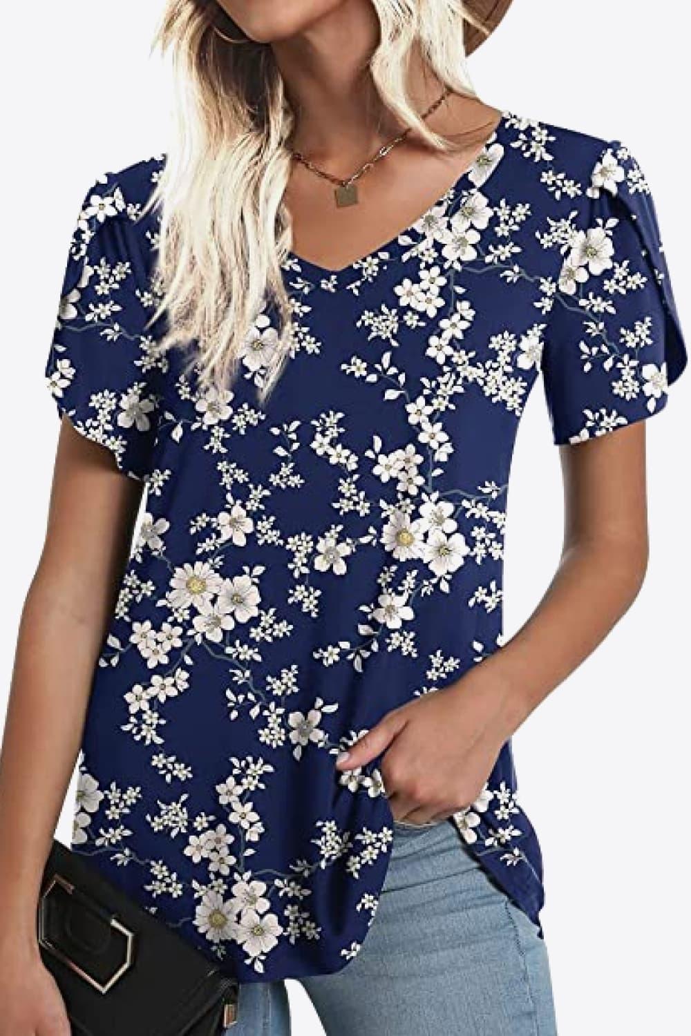 Casual Floral V Neck Blouse With Petal Sleeves - Southern Shores Clothing