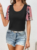 Printed Puff Sleeve Round Neck Tee With Moderate Stretch - Southern Shores Clothing
