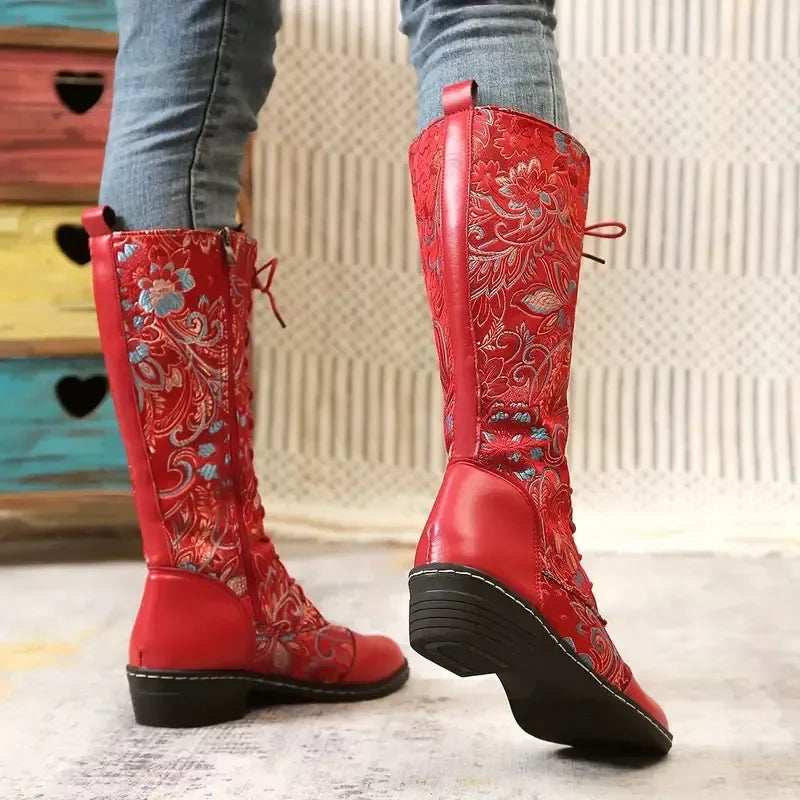 Embroidered Lace-Up Knee-High Boots With Mid Heel - Southern Shores Clothing