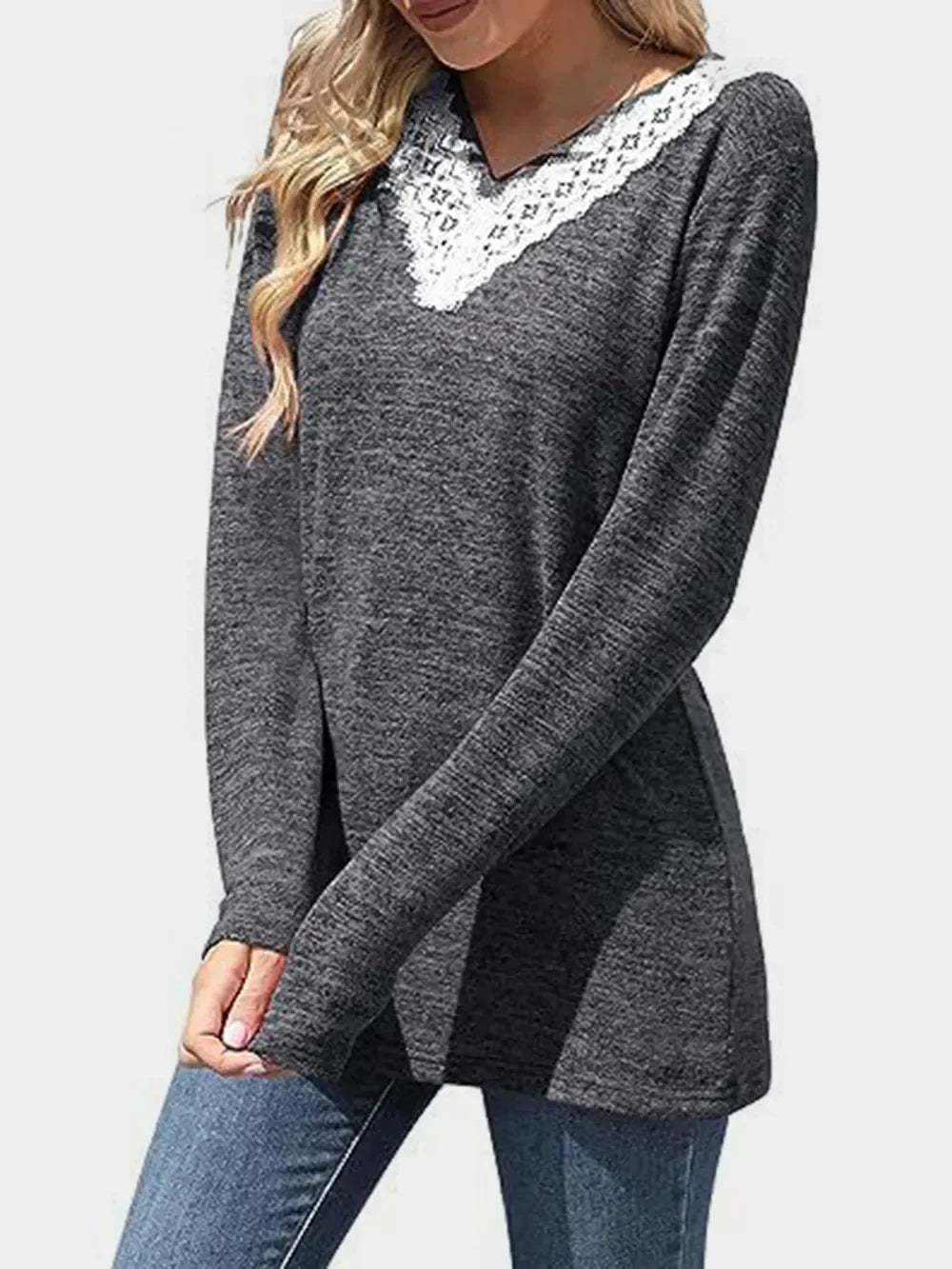 Lace Detail V-Neck Long Sleeve T-Shirt With Soft Stretch - Southern Shores Clothing