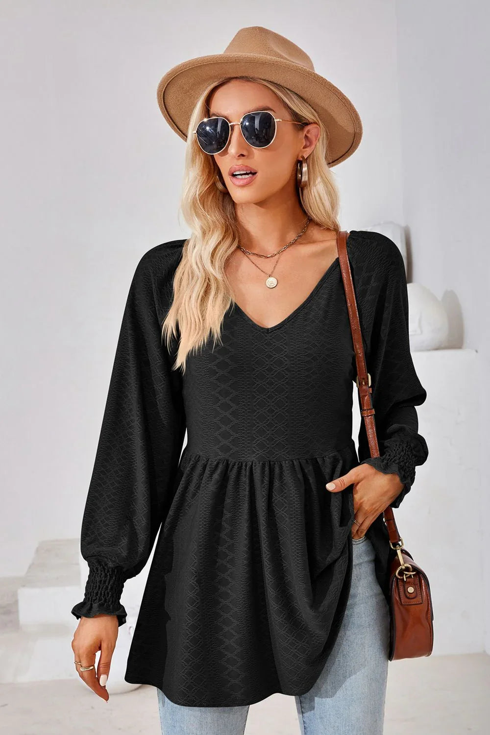 V-Neck Lantern Sleeve Blouse With Regular Length Casual Fit - Southern Shores Clothing