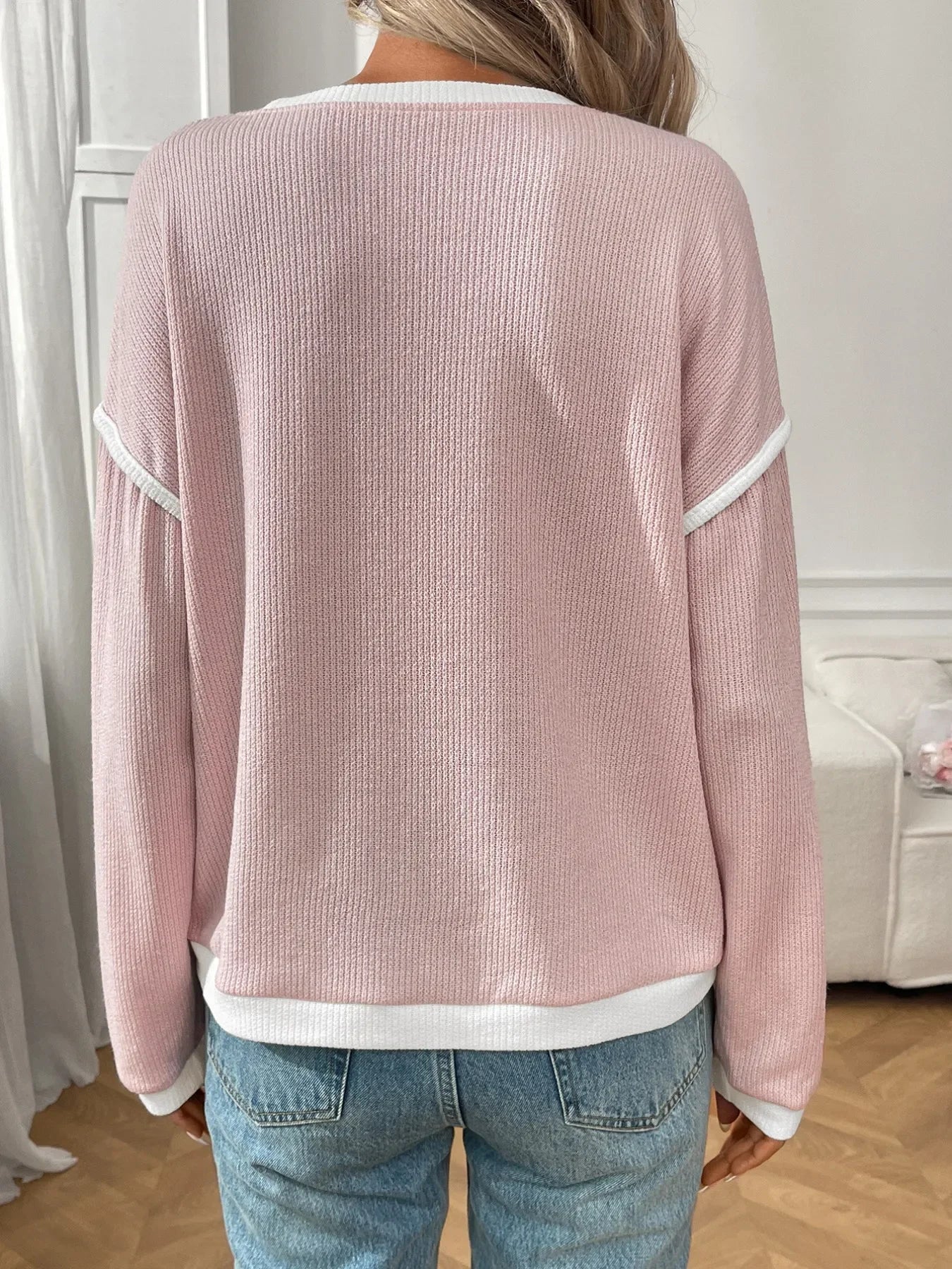 Ribbed Contrast Trim Long Sleeve Top - Southern Shores Clothing
