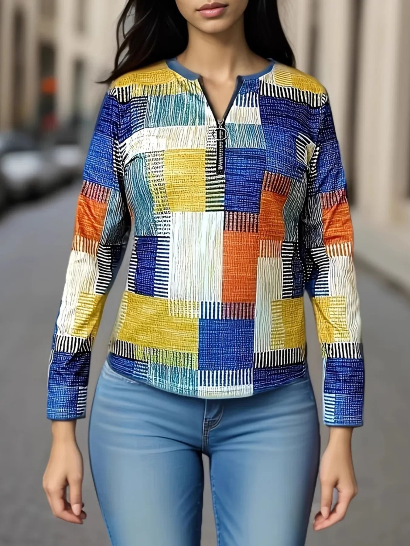 Block Zip Front Long Sleeve Top With Polyester Fabric - Southern Shores Clothing