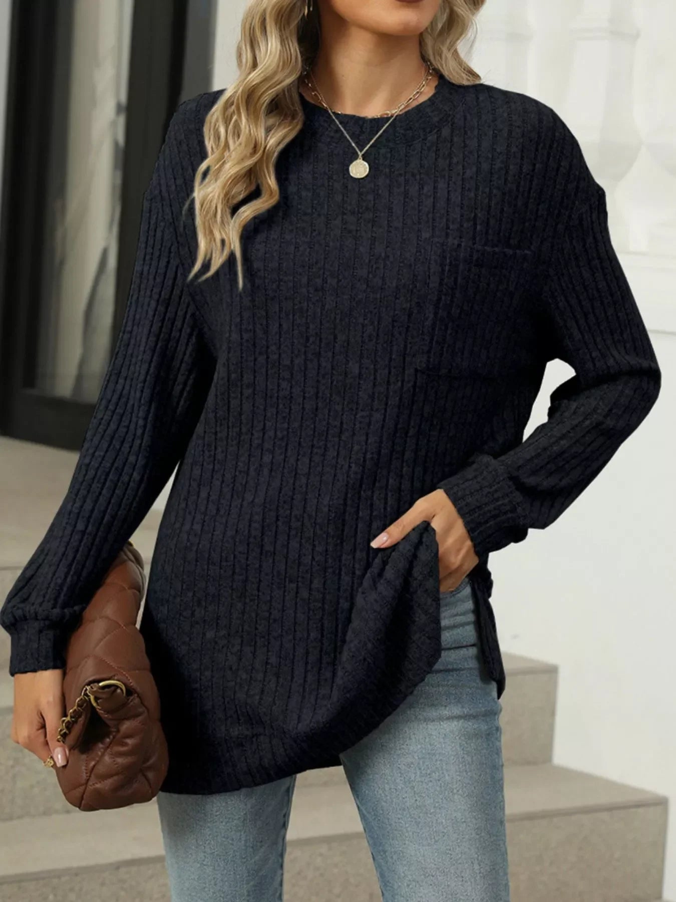 Ribbed Knit Round Neck Sweater - Southern Shores Clothing