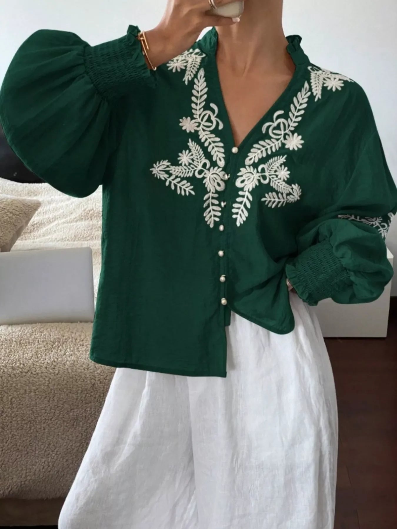 Southern Shores Elegant Embroidered Long Sleeve Buttoned Polyester Blouse With Je T'aime Design - Southern Shores Clothing