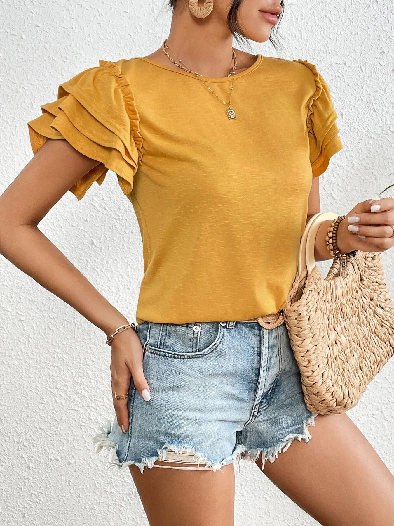 Ruffle Sleeve Round Neck Top With Layered Design - Southern Shores Clothing