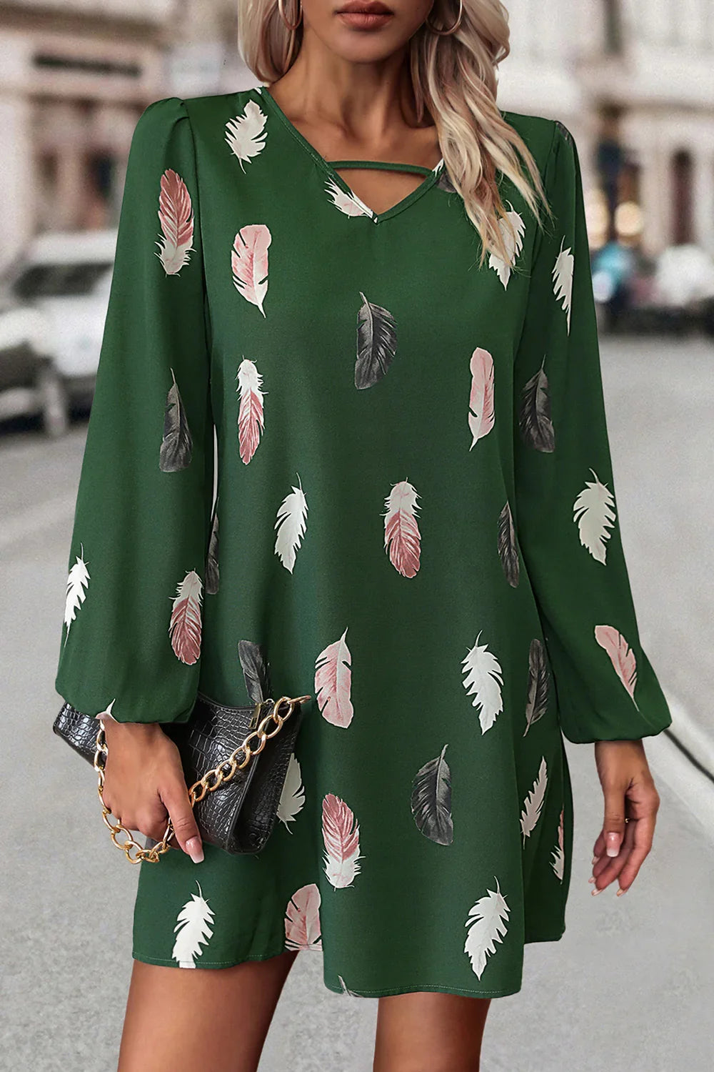 Feather Print V-Neck Dress - Southern Shores Clothing