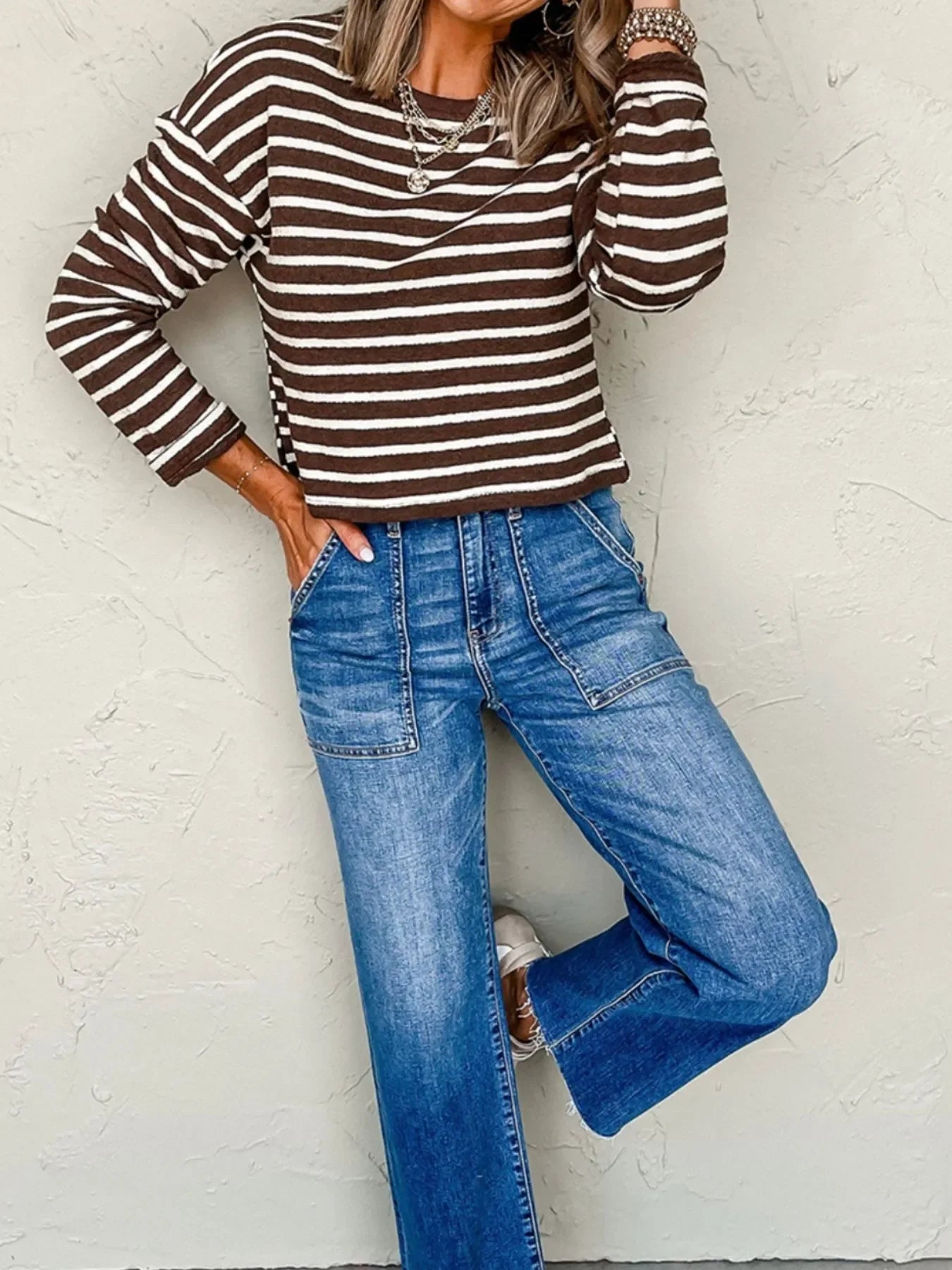 Striped Cropped Crew Neck Long Sleeve T Shirt - Southern Shores Clothing