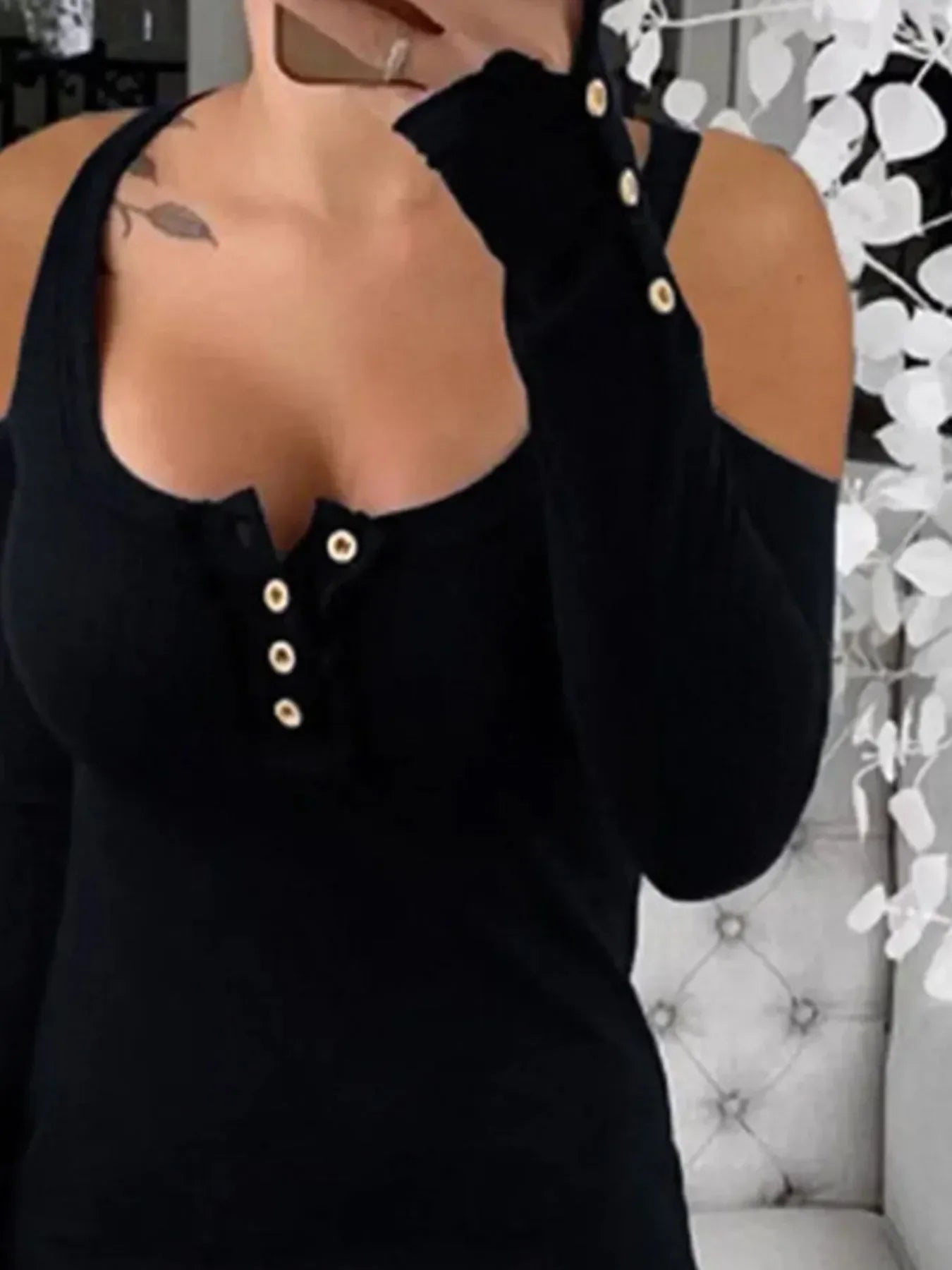Cold Shoulder Ribbed Henley Tee With Button Detail - Southern Shores Clothing