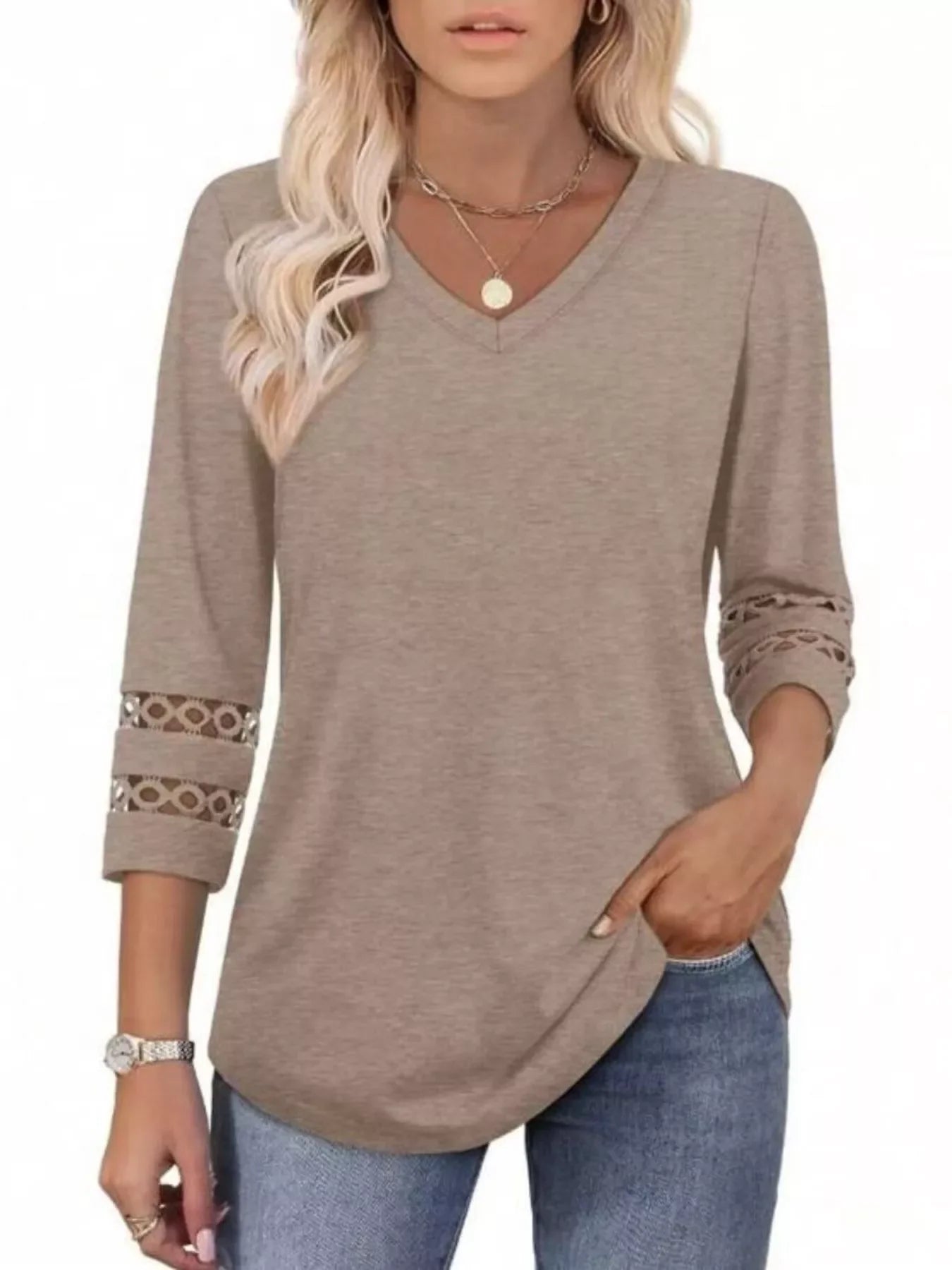 Full Size V-Neck 3/4 Sleeve T-Shirt Plus Size - Southern Shores Clothing