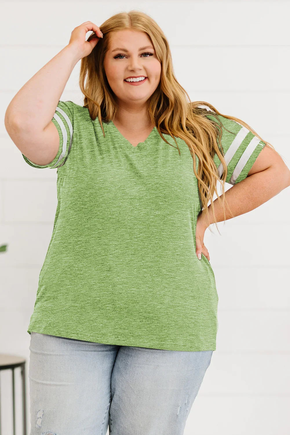 Plus Size Striped V-Neck Short Sleeve T-Shirt - Southern Shores Clothing