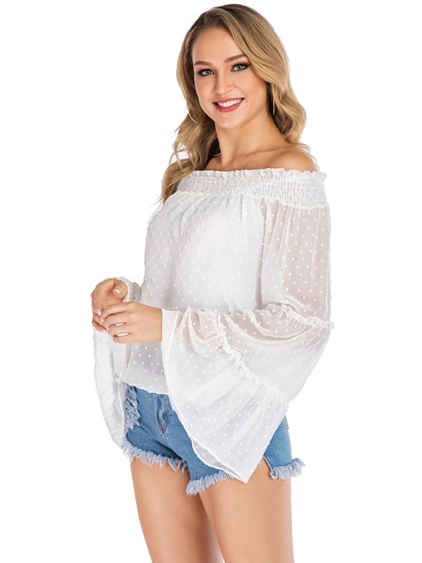 Southern Shores Clothing Feminine Swiss Dot Off-Shoulder Smocked Tiered Frill Sheer Blouse - Southern Shores Clothing