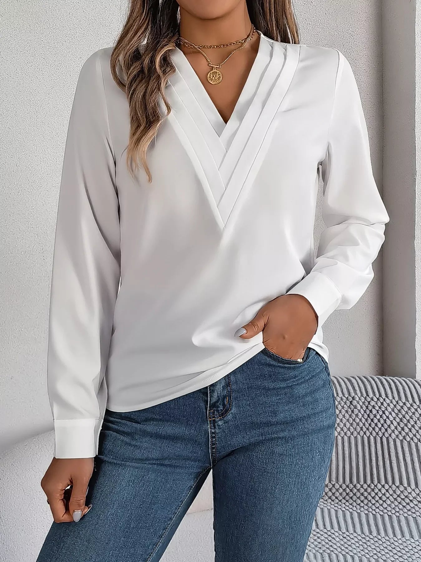 Layered V-Neck Long Sleeve Polyester Blouse - Southern Shores Clothing