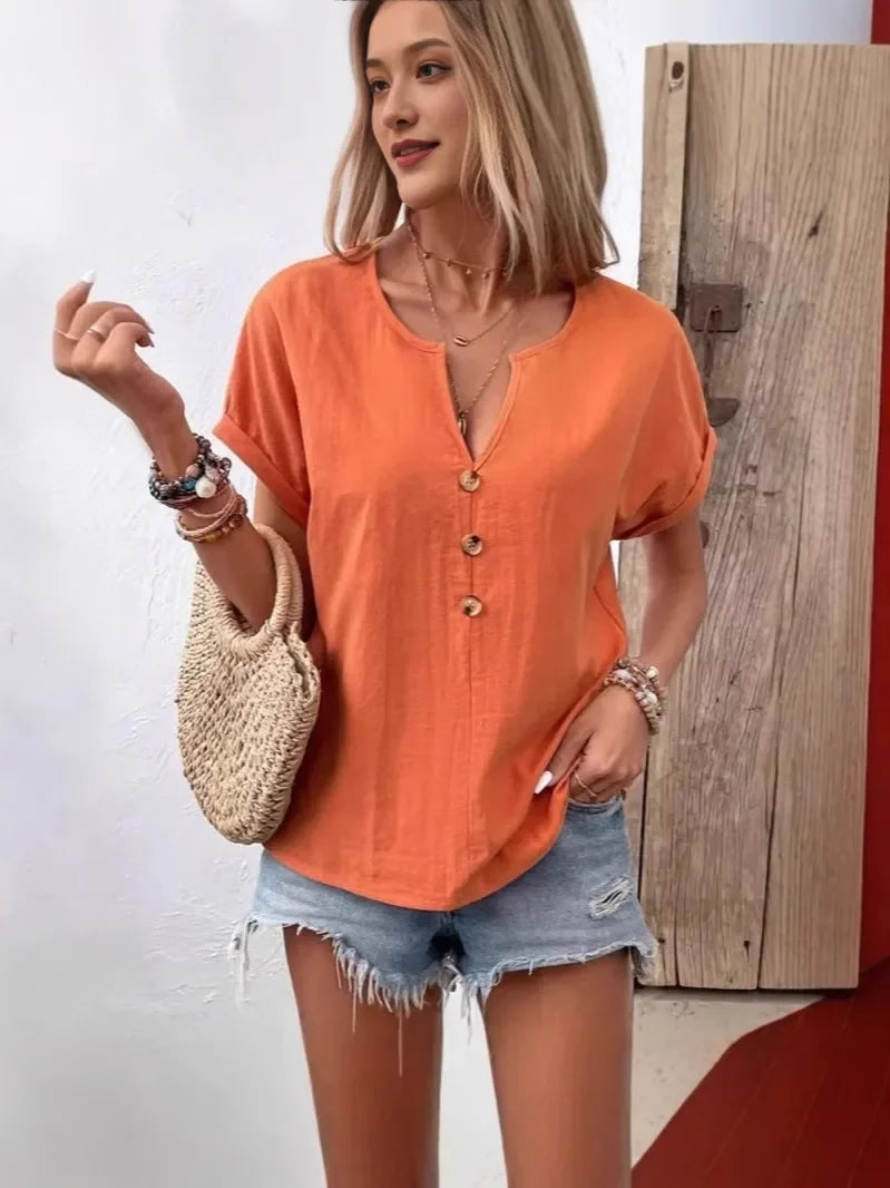Plus Size Notched Short Sleeve T Shirt With Button Front - Southern Shores Clothing