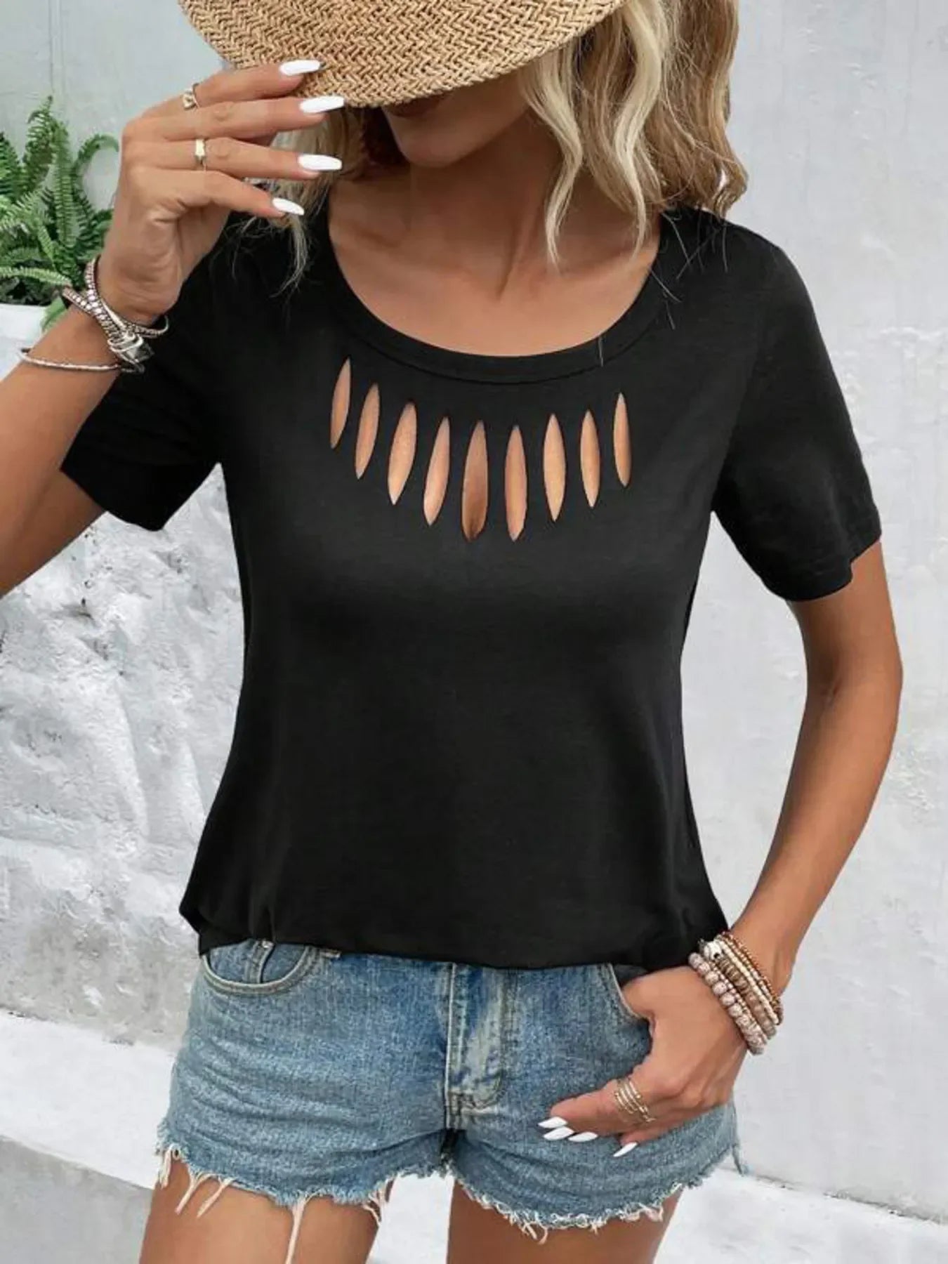 Hollow Out Neckline Short Sleeve T Shirt - Southern Shores Clothing