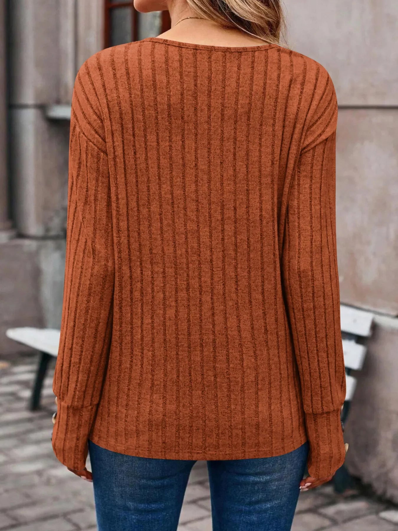 Ribbed V-Neck Long Sleeve Buttoned Stretchy Top - Southern Shores Clothing