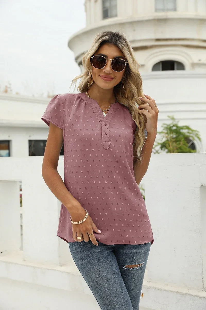 Swiss Dot Notched Neck Short Sleeve Top Casual Wear - Southern Shores Clothing
