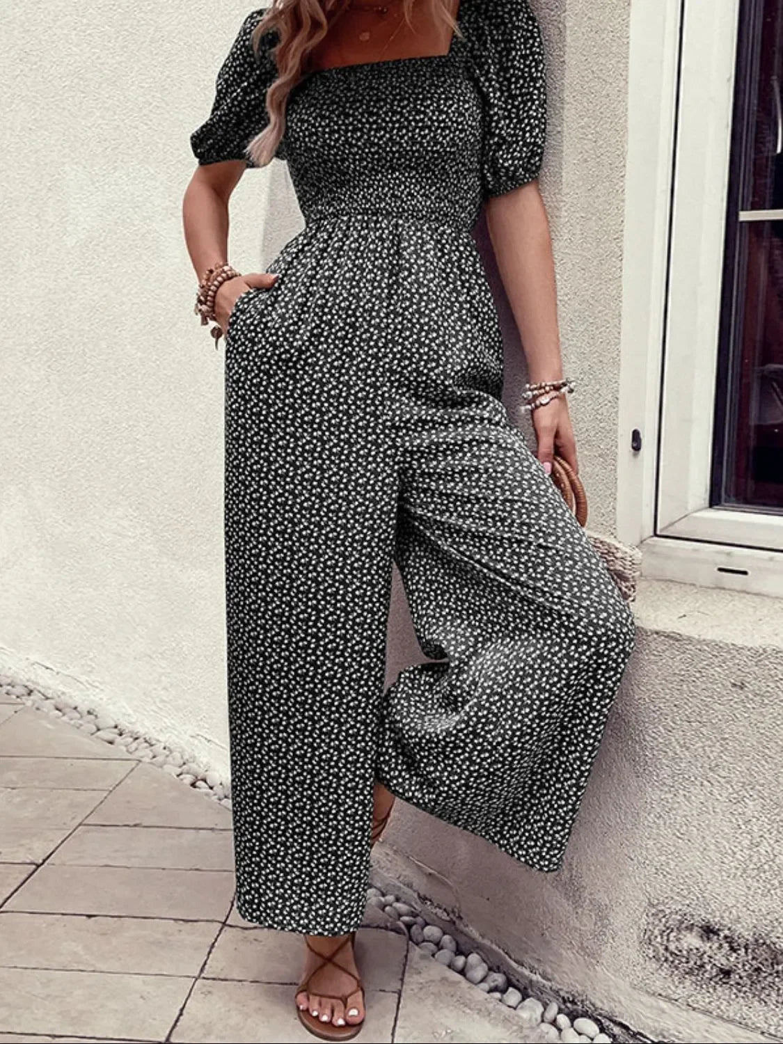 Printed Square Neck Puff Sleeve Jumpsuit - Southern Shores Clothing