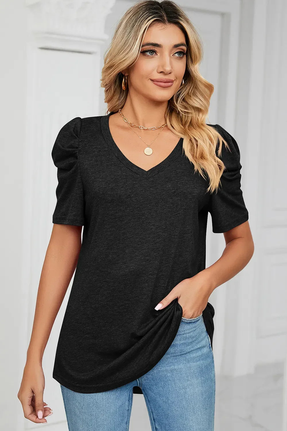Heathered V-Neck Puff Sleeve T-Shirt - Southern Shores Clothing