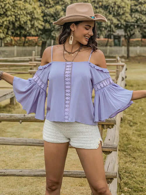 Square Neck Flare Sleeve Blouse With Lace Ruffled Design - Southern Shores Clothing