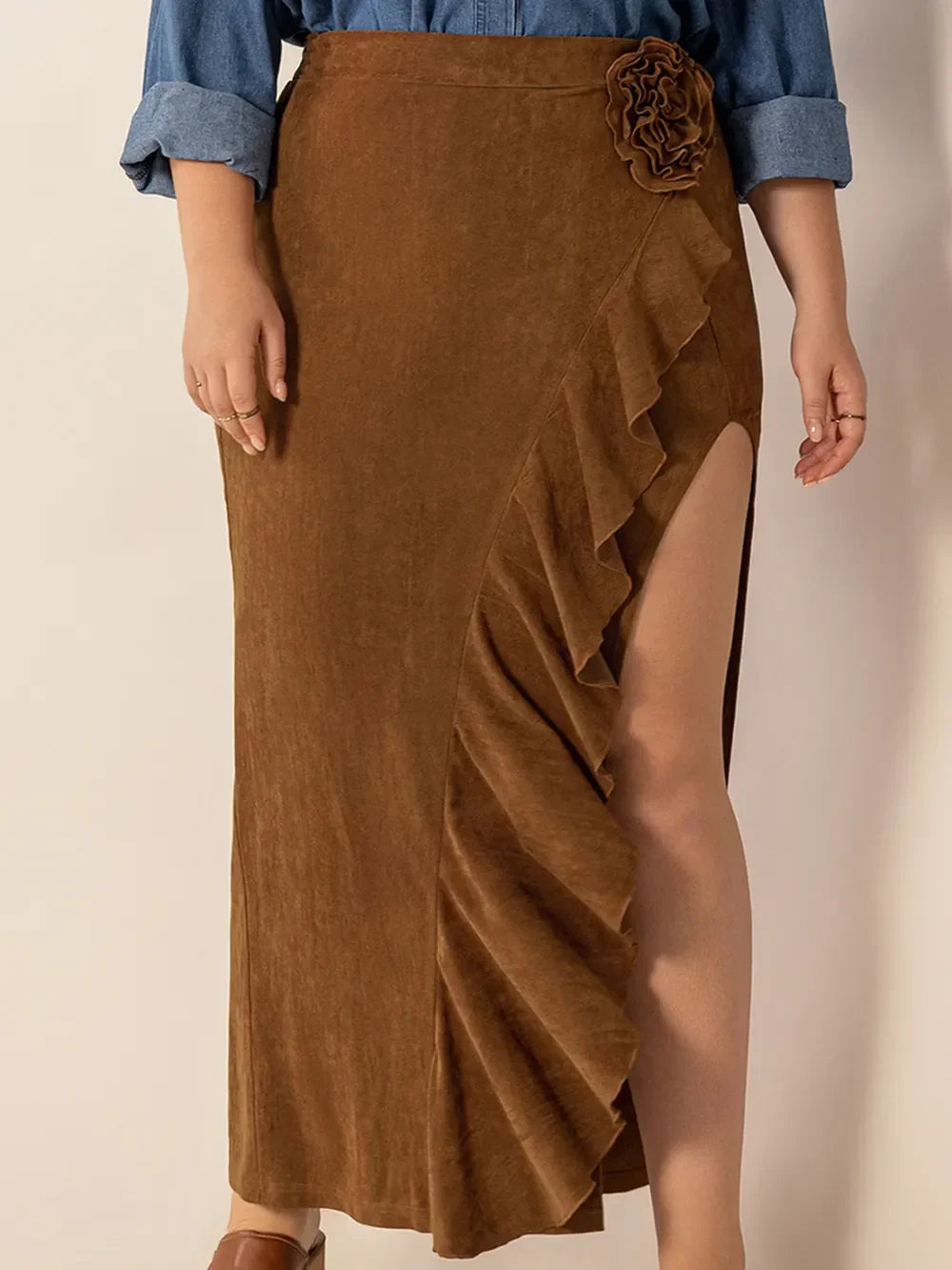 Plus Size Ruffled Slit High Rise Skirt Silhouette - Southern Shores Clothing