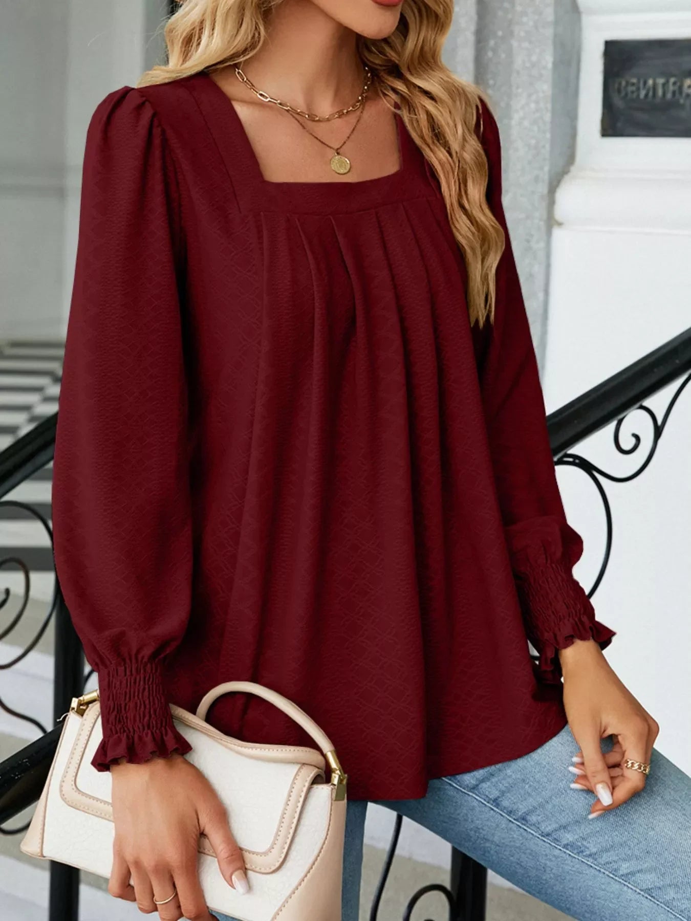Pleated Square Neck Long Sleeve Top - Southern Shores Clothing