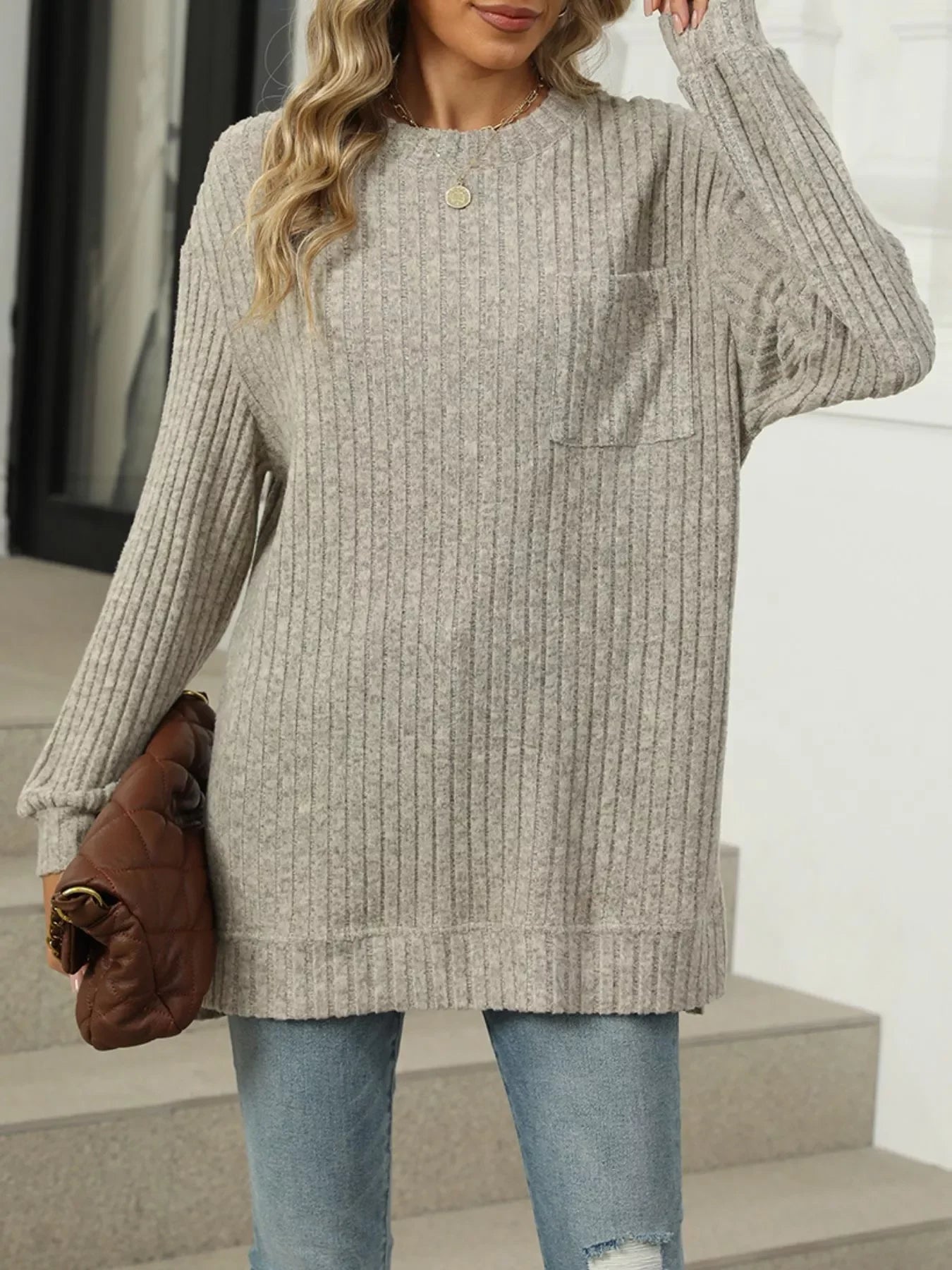 Ribbed Knit Round Neck Sweater - Southern Shores Clothing