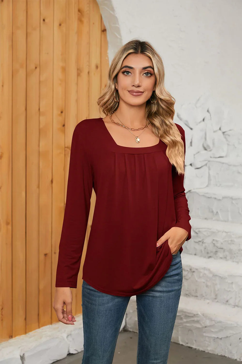 Square Neck Stretch Long Sleeve T Shirt Everyday - Southern Shores Clothing