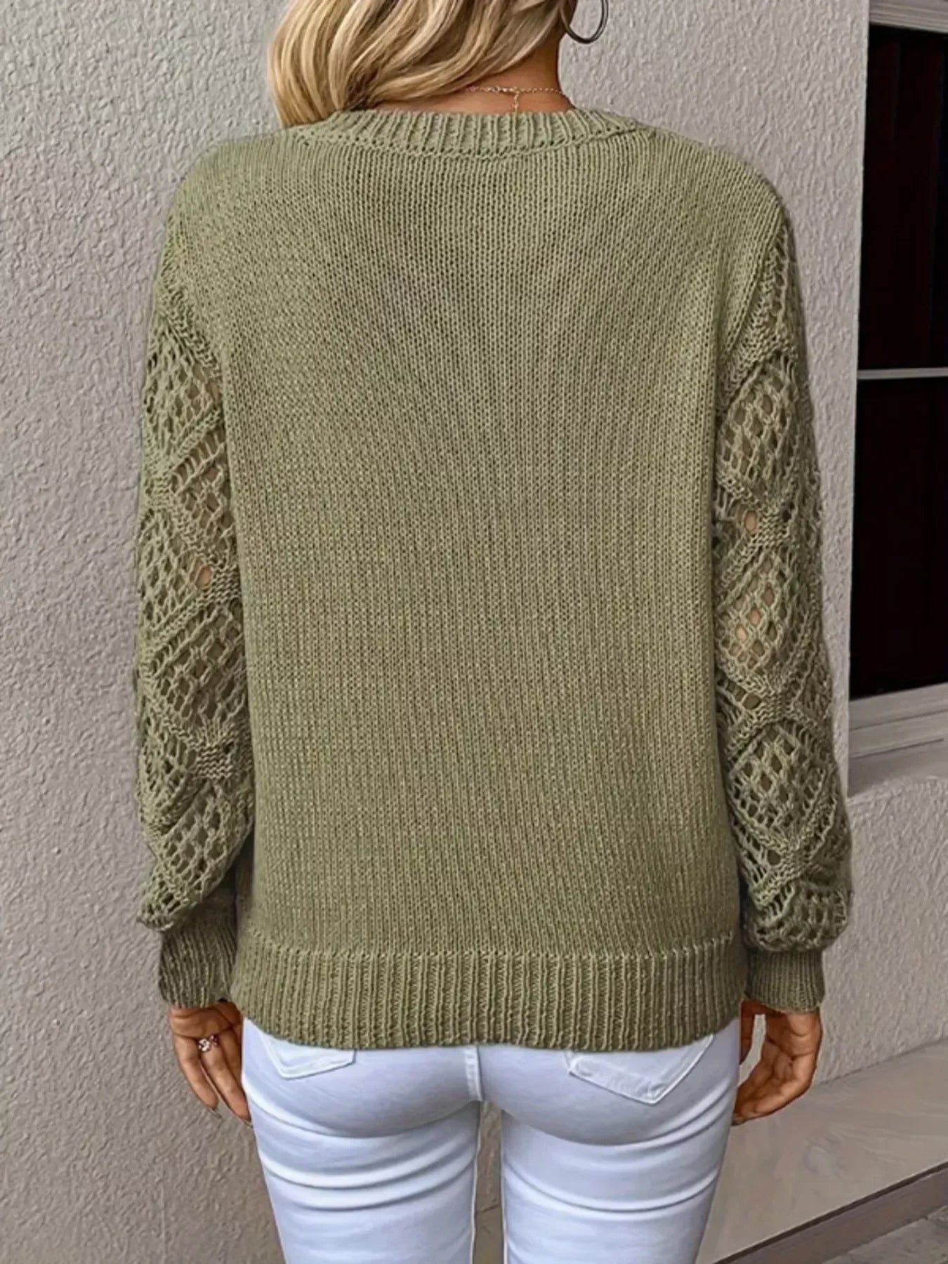 Openwork Stretch V-Neck Long Sleeve Sweater - Southern Shores Clothing