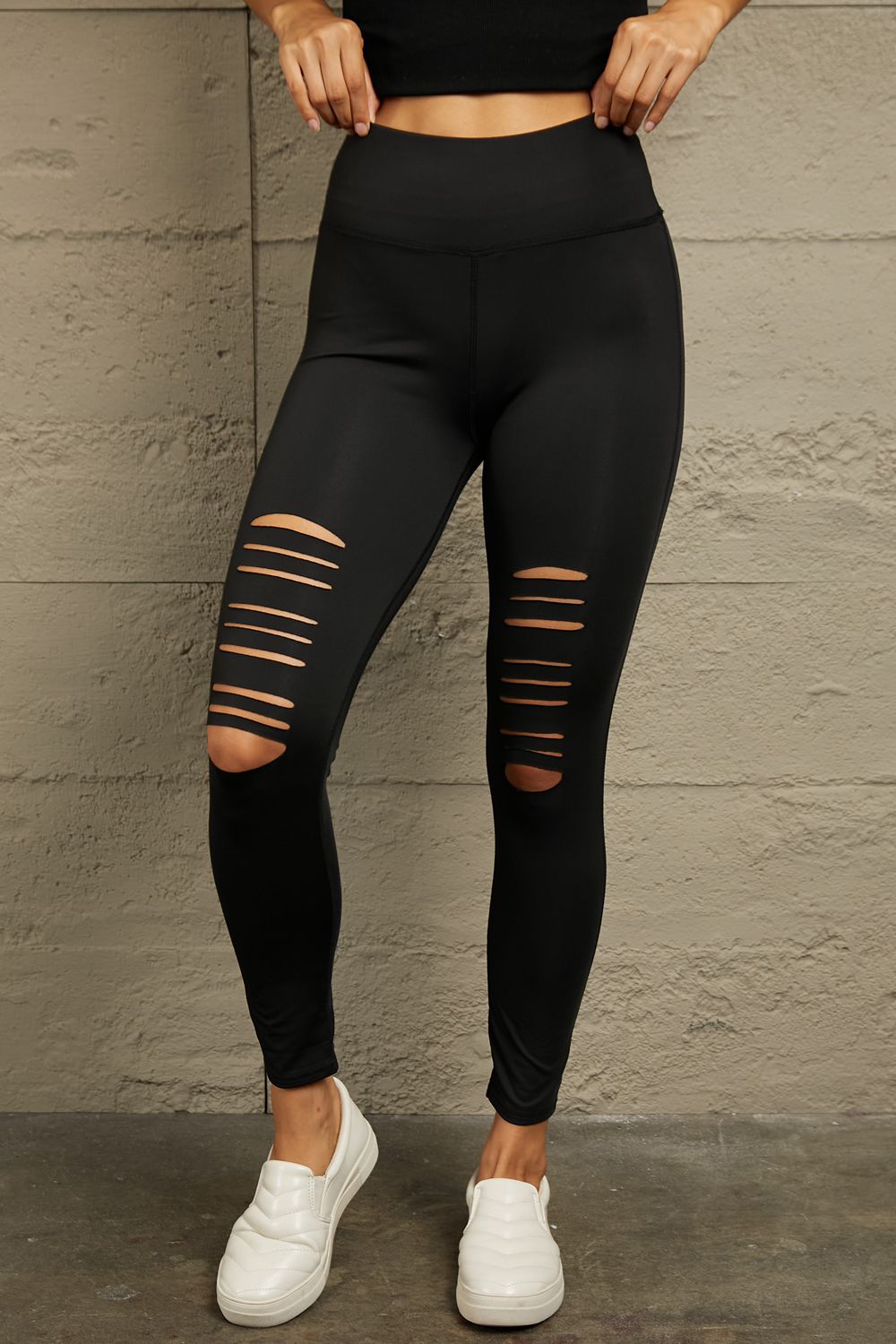 Coastal Wide Waistband Distressed Slim Fit Leggings