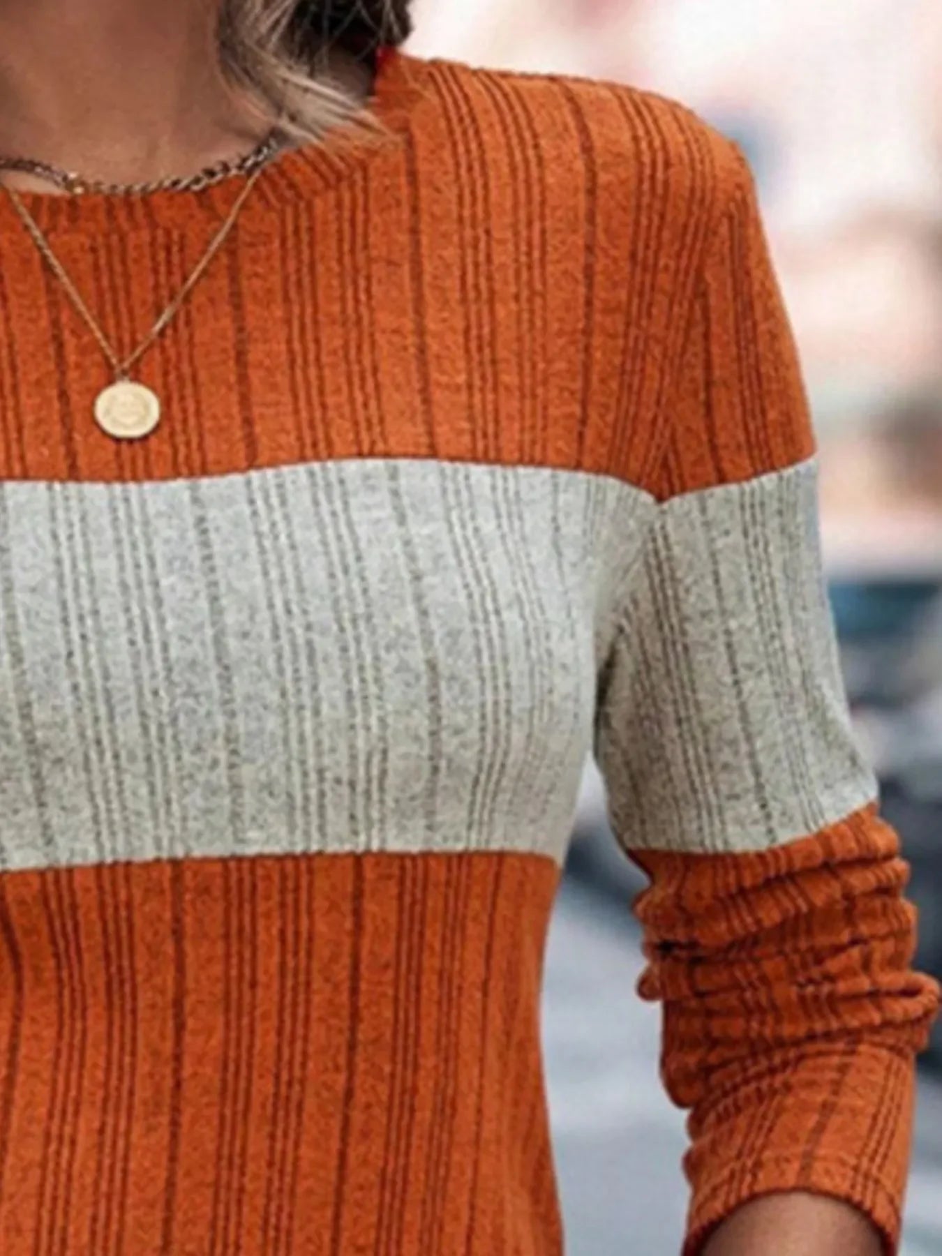 Block Pattern Round Neck Long Sleeve Sweater - Southern Shores Clothing