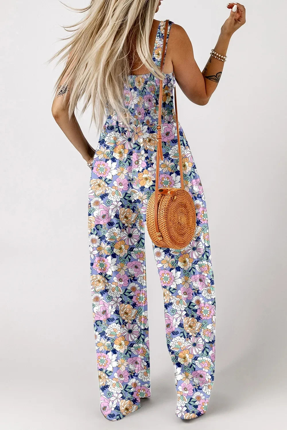 Floral Print Smocked High Waist Square Neck Jumpsuit - Southern Shores Clothing