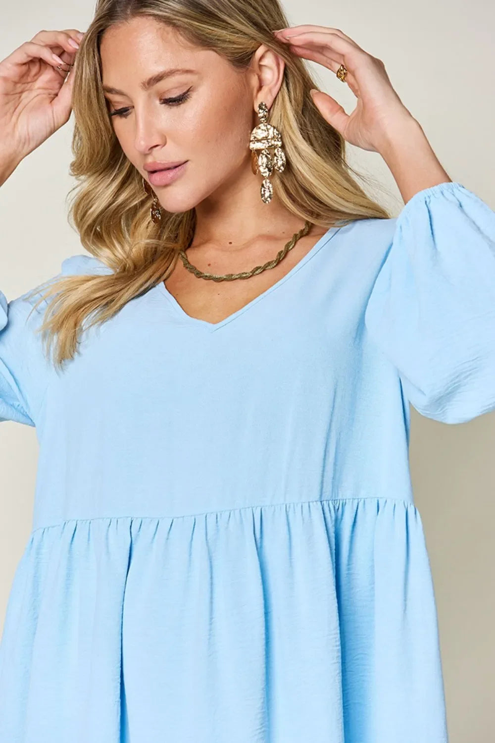 V Neck Balloon Sleeve Tiered Dress With Pockets - Southern Shores Clothing