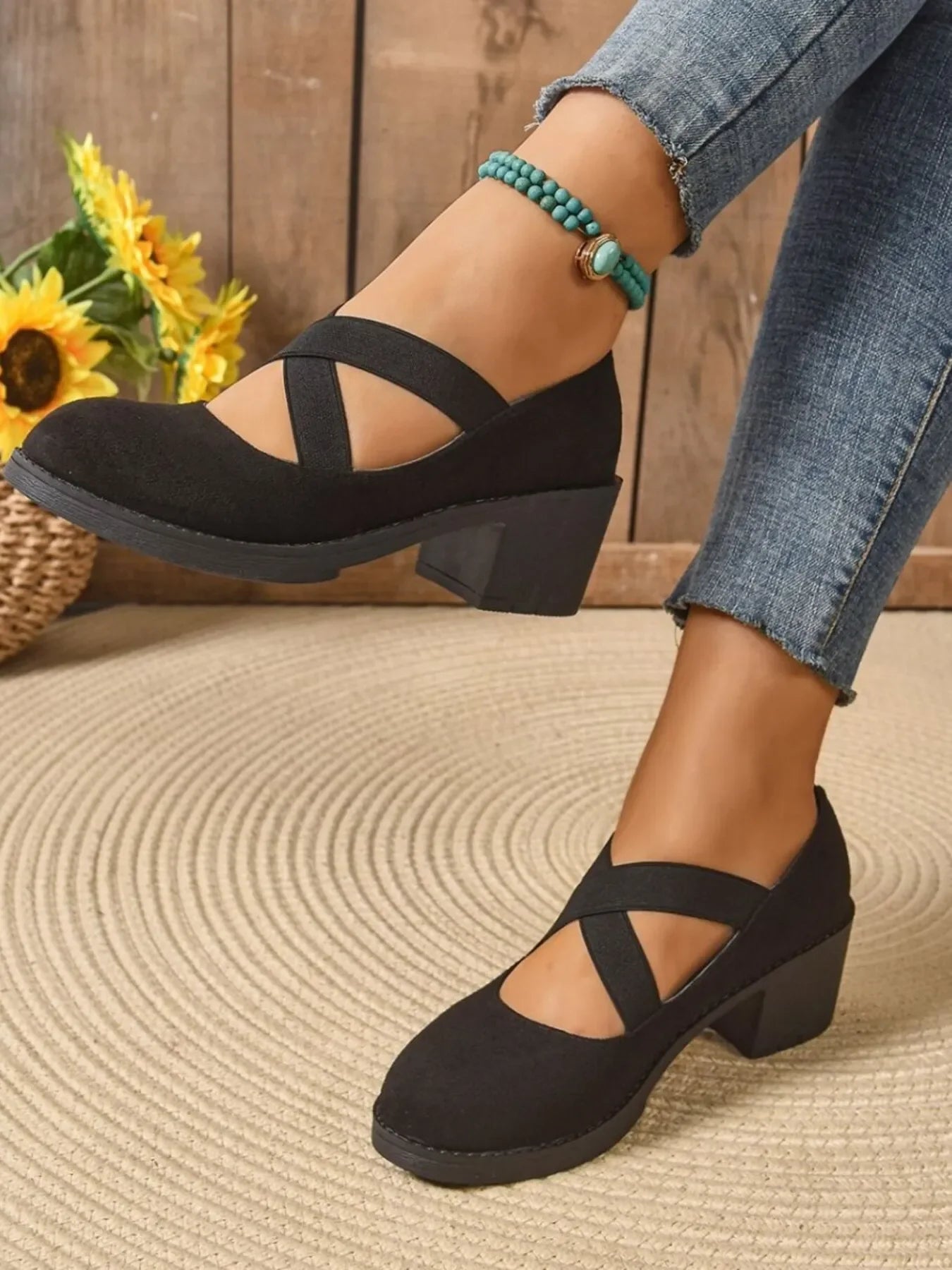 Crisscross Block Heel Pumps Leather Look - Southern Shores Clothing