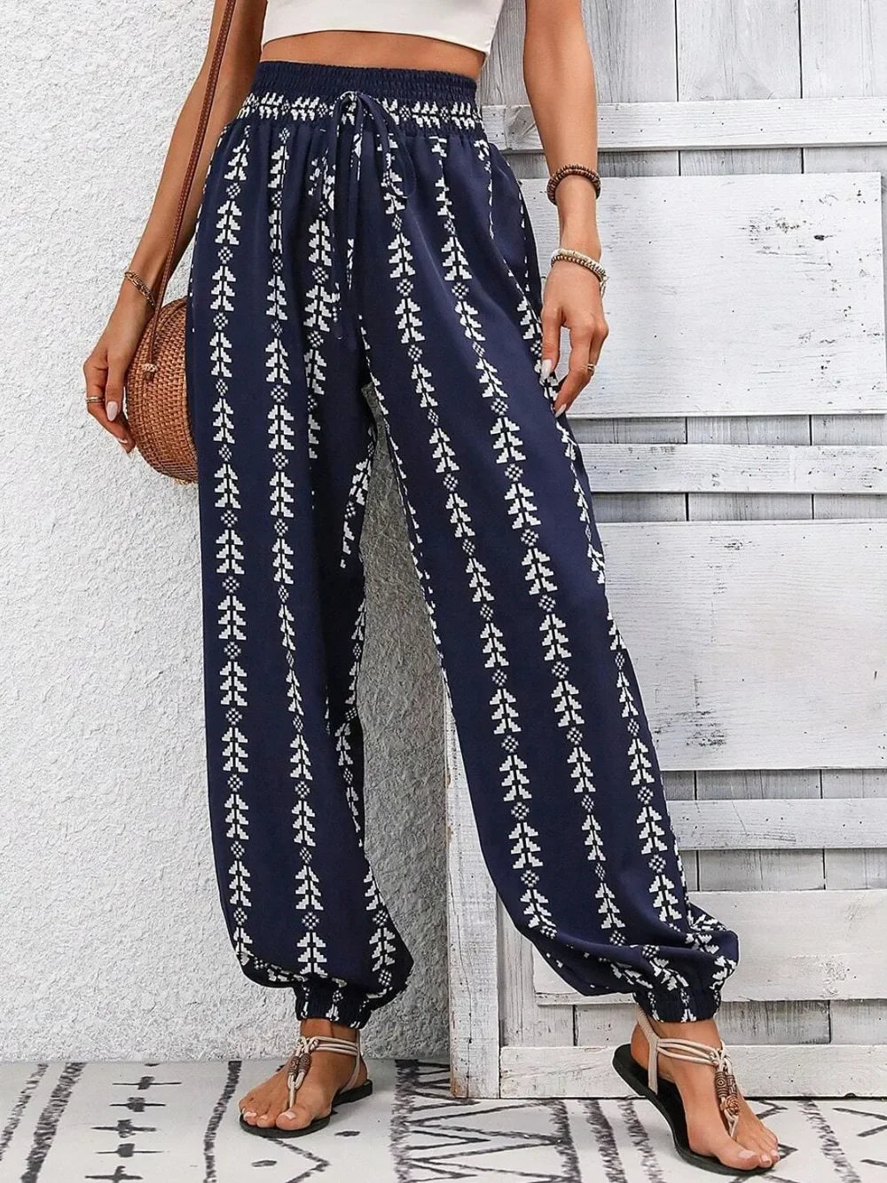 Tied Printed High Waist Wide Leg Pants With Drawstring Tie - Southern Shores Clothing