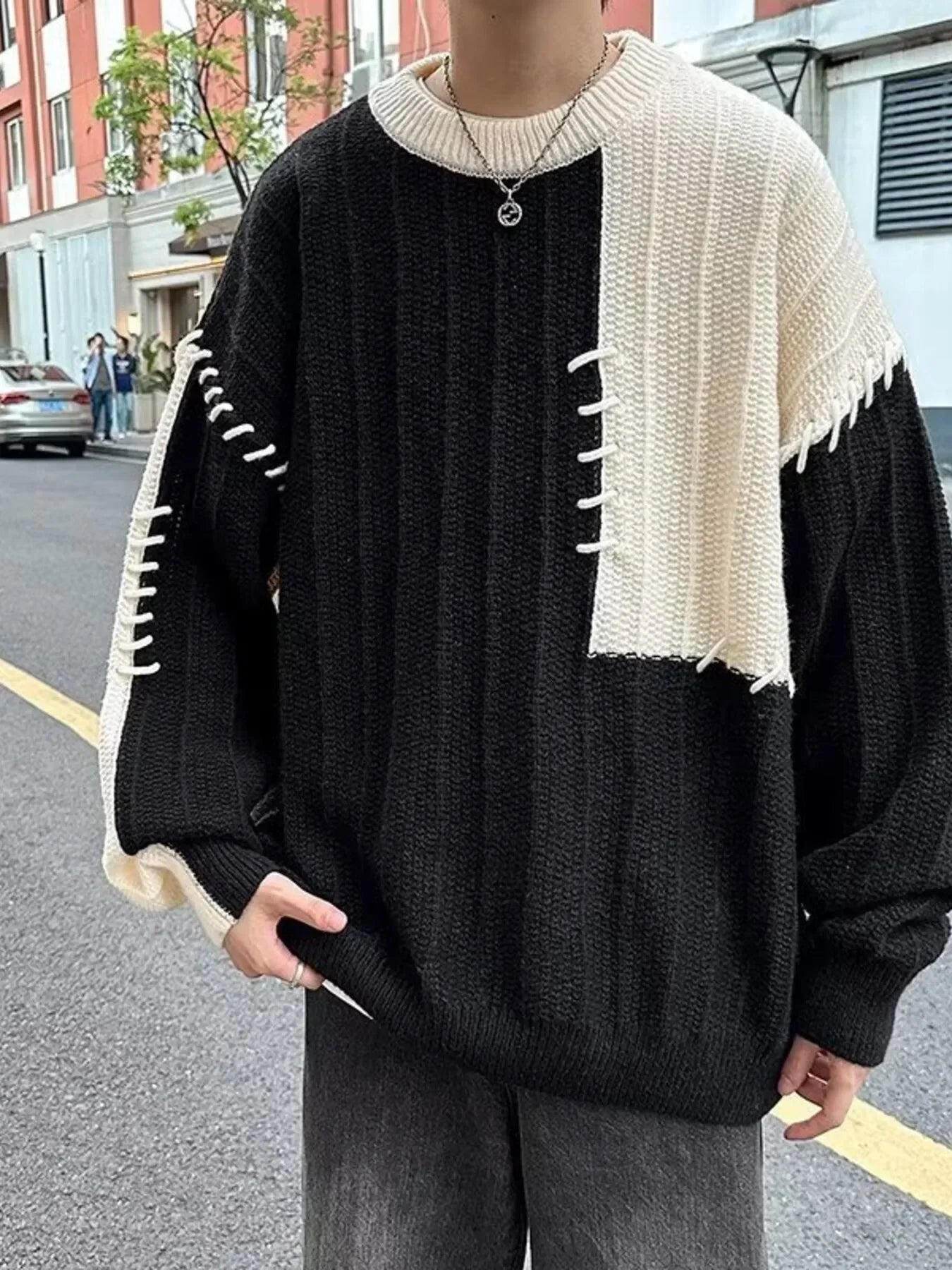 Oversized Block Knitted Pullover With Relaxed Fit - Southern Shores Clothing