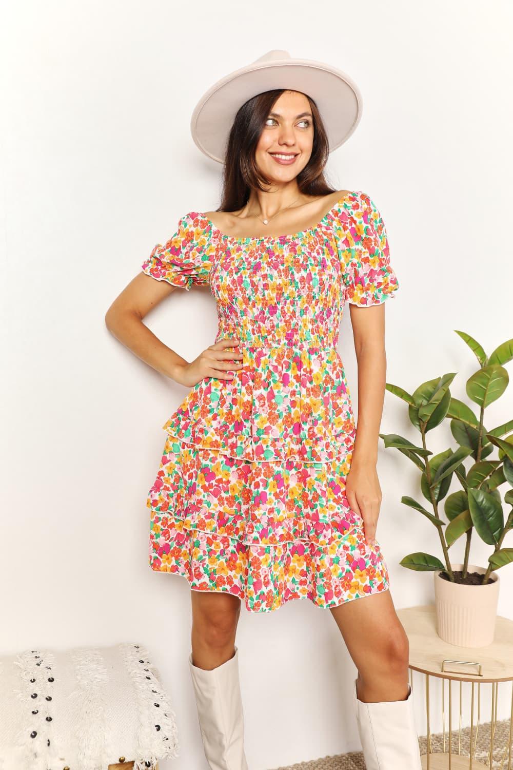 Smocked Bodice Sweetheart Neck Flounce Sleeve Mini Dress - Southern Shores Clothing