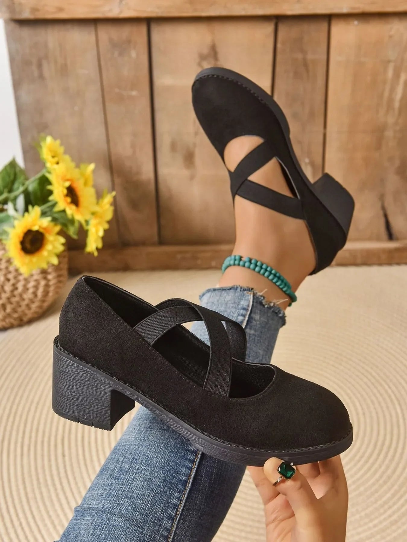 Crisscross Block Heel Pumps Leather Look - Southern Shores Clothing