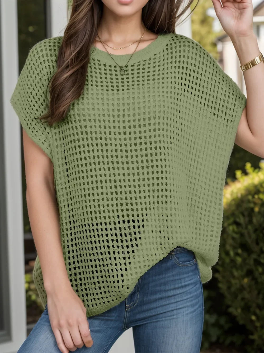 Openwork Round Neck Short Sleeve Cover-Up - Southern Shores Clothing