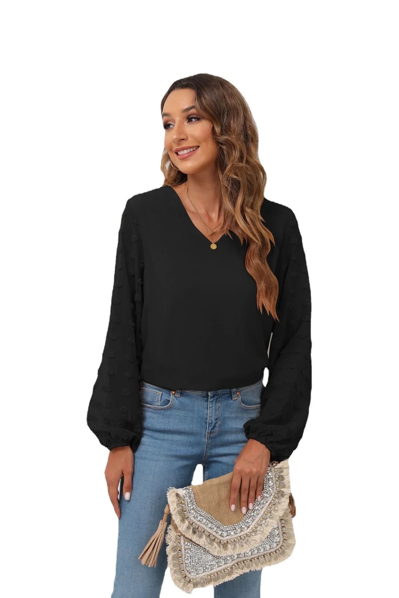Stretch Swiss Dot V Neck Balloon Sleeve Blouse - Southern Shores Clothing