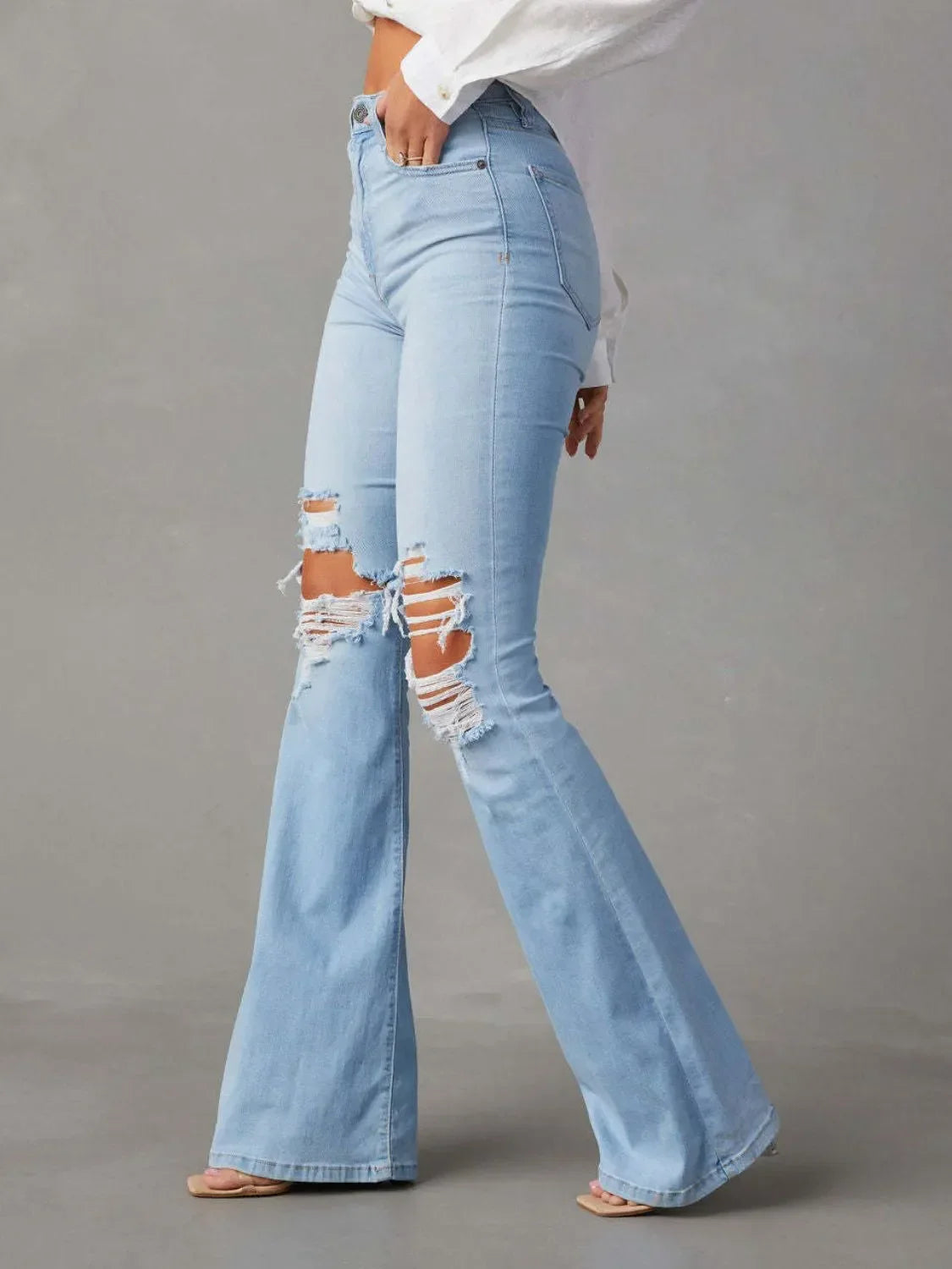 Stretchy Denim Distressed Jeans With Pockets